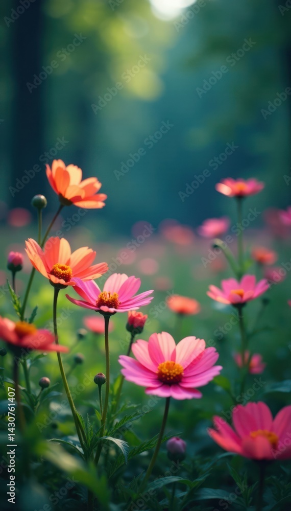 Psychedelic flowers in a misty meadow, flowers, meadow Psychedelic flowers in a misty meadow, flowers, meadow