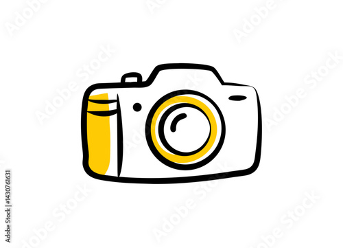 Vector Illustration of a Minimalistic Camera with Black Outlines and Yellow Accents on the Lens and Body