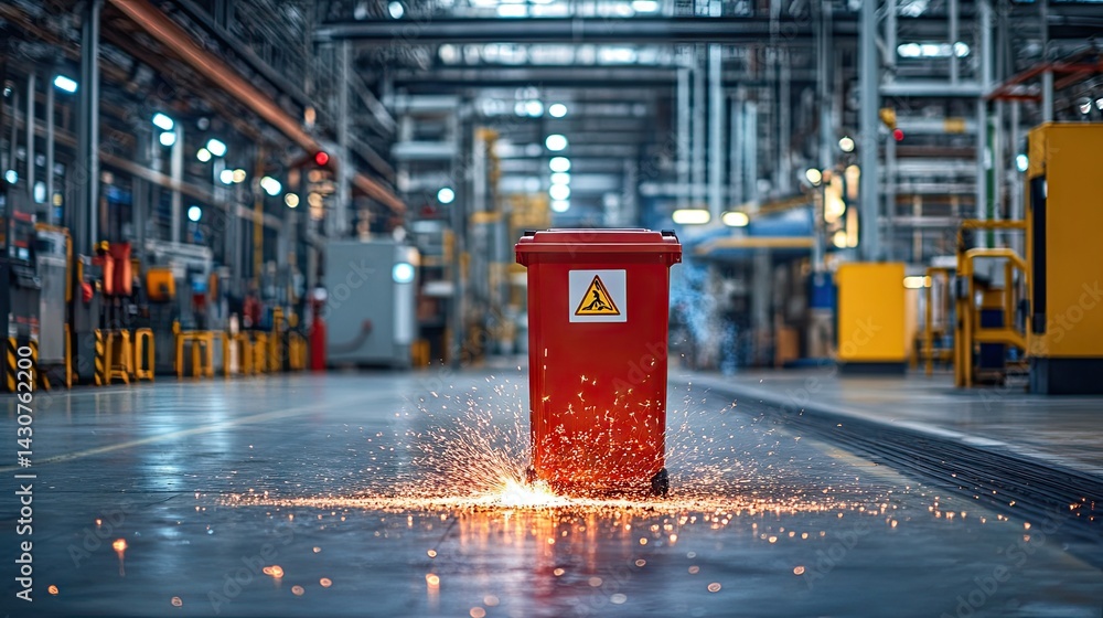 Flammable waste red bin with spark warning sign in factory Flammable waste red bin with spark warning sign in factory