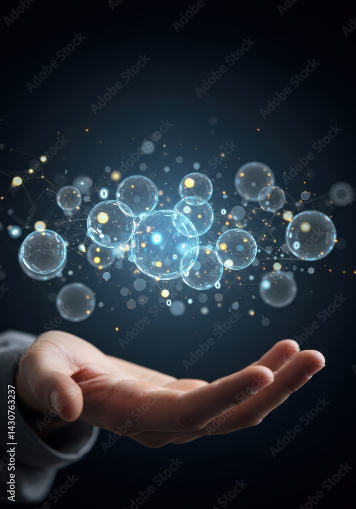 Digital Innovation Hand Holding Futuristic Network of Glowing Transparent Bubbles Advanced Technology Concept Digital Innovation Hand Holding Futuristic Network of Glowing Transparent Bubbles Advanced Technology Concept