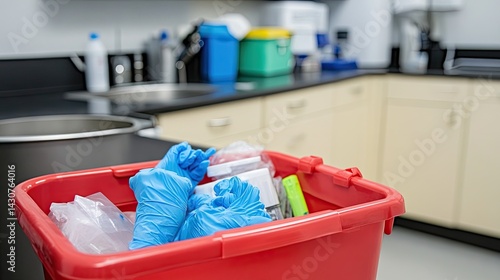Red bin for contaminated gloves and syringes near lab sink