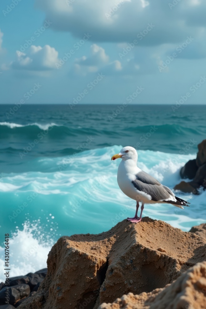Seagull perched on rocky coastline with crashing waves, ocean, rocks Seagull perched on rocky coastline with crashing waves, ocean, rocks