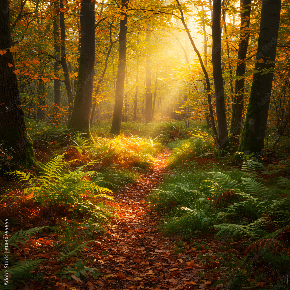 Obraz premium Sun-Drenched Autumn Forest Path