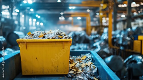 Yellow bin in factory setting filled with aluminum offcuts and shavings