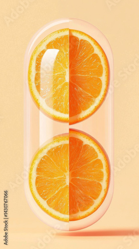 Orange pill with half orange slice on peach background