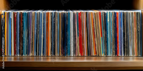 Old vinyl records stacked on wooden shelf, vintage, records, nostalgic