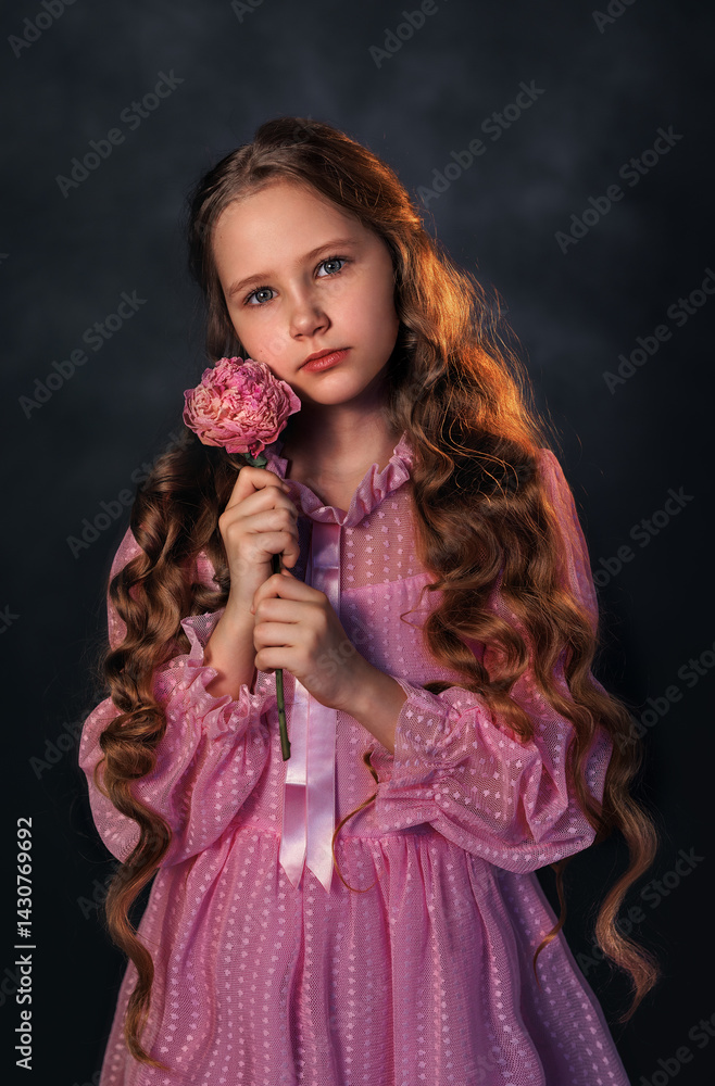 Beautiful girl in a pink dress with a peony flower on a dark background. Romantic, festive image