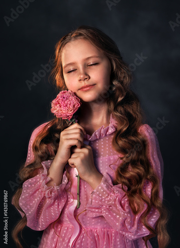 Obraz na płótnie Beautiful girl in a pink dress with a peony flower on a dark background. Romantic, festive image w salonie