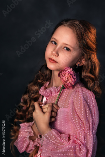 Obraz na płótnie Beautiful girl in a pink dress with a peony flower on a dark background. Romantic, festive image w salonie
