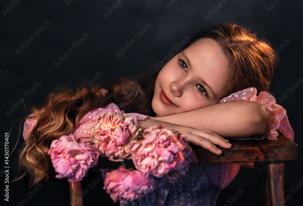 Beautiful girl in a pink dress with a peony flower on a dark background. Romantic, festive image