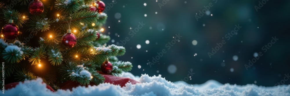 Snowflakes gently fall on a festive Christmas tree, holiday season, festive atmosphere Snowflakes gently fall on a festive Christmas tree, holiday season, festive atmosphere