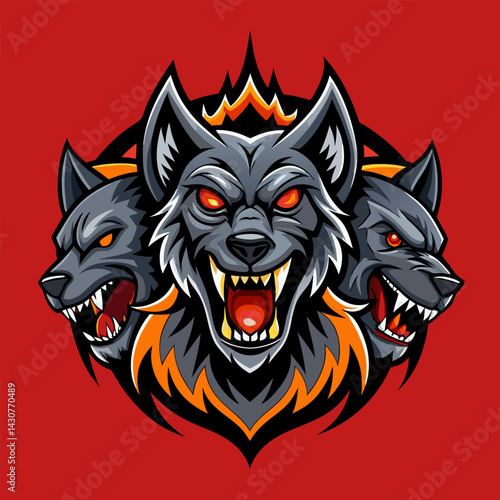 Three Headed Wolf with Fire. Fierce Mythical Creature Logo Design