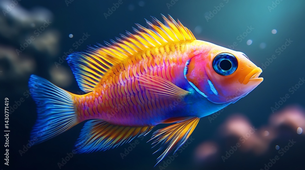 Colorful tropical fish with rainbow patterns swimming in dark ocean picture Colorful tropical fish with rainbow patterns swimming in dark ocean picture