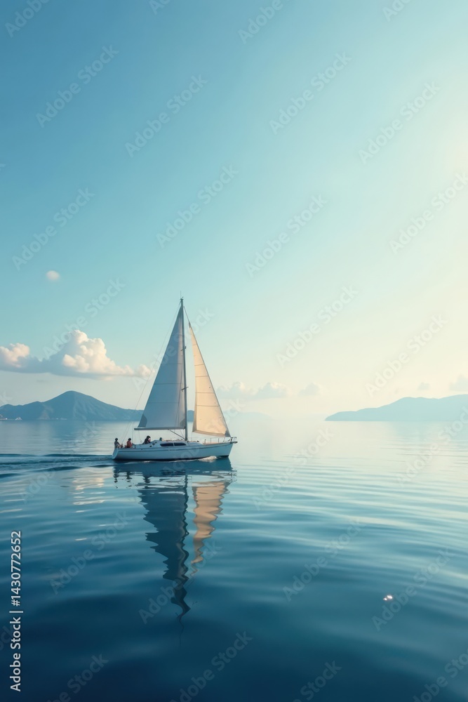 Obraz premium Serene sailboat glides across tranquil ocean waters under a vast, clear sky, reflecting peaceful journey