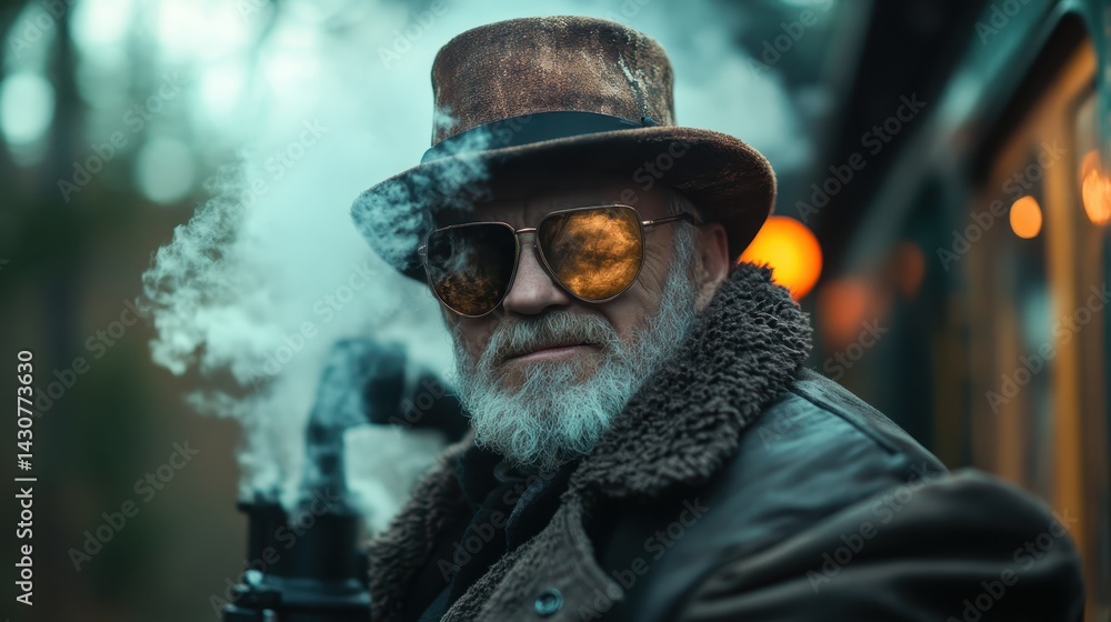Fototapeta premium An elderly man exuding wisdom, wearing a hat and sunglasses, stands beside a steam engine, representing a fusion of history and personality, evoking feelings of nostalgia and intrigue.