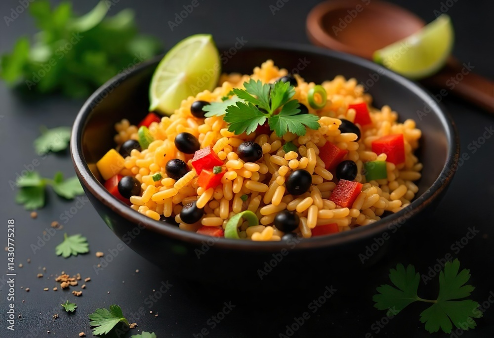 a bowl filled mixture of cooked rice. The rice is light beige,Mixed throughout the rice are small, diced pieces of colorful bell peppers, and black beans.