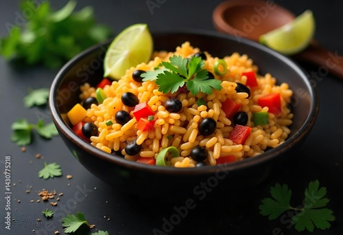 a bowl filled mixture of cooked rice.  The rice is light beige,Mixed throughout the rice are small, diced pieces of colorful bell peppers, and black beans. 