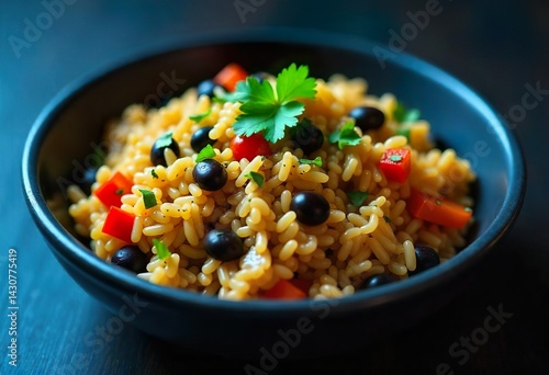 a bowl filled mixture of cooked rice.  The rice is light beige,Mixed throughout the rice are small, diced pieces of colorful bell peppers, and black beans. 