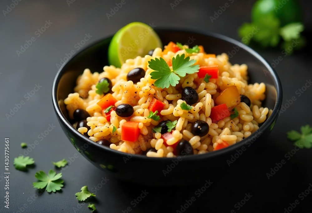 a bowl filled mixture of cooked rice. The rice is light beige,Mixed throughout the rice are small, diced pieces of colorful bell peppers, and black beans. a bowl filled mixture of cooked rice. The rice is light beige,Mixed throughout the rice are small, diced pieces of colorful bell peppers, and black beans.