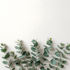 Minimalist flat lay border of fresh green eucalyptus stems on off-white textured background. Natural, calming botanical composition with copy space. Photorealistic top view design.