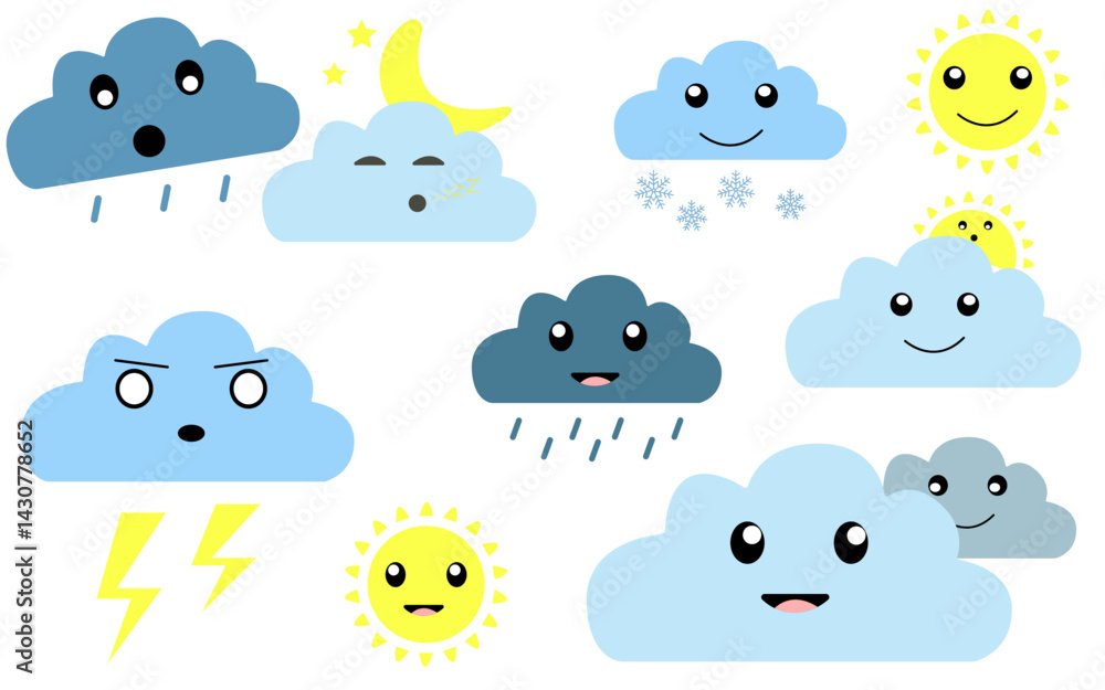 Obraz premium Cute cartoon clouds with different emotions vector set Vector set with illustration of clouds and sun with different emotions sadness, fun, disappointment, joy