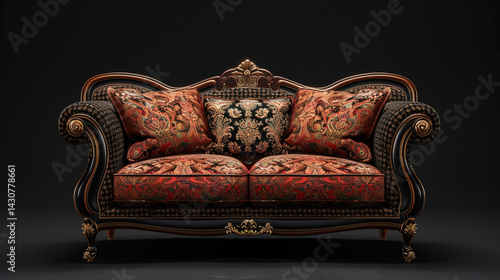 A royal Ottoman-style settee with brocade cushions, standing on a solid black background with dramatic lighting and copy space.