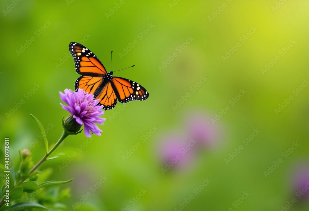 Naklejka premium Monarch Butterfly Resting Gently On A Vibrant Purple Aster Flower In Soft Light