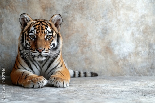 A young tiger relaxes indoors, highlighting its striking features on a textured surface