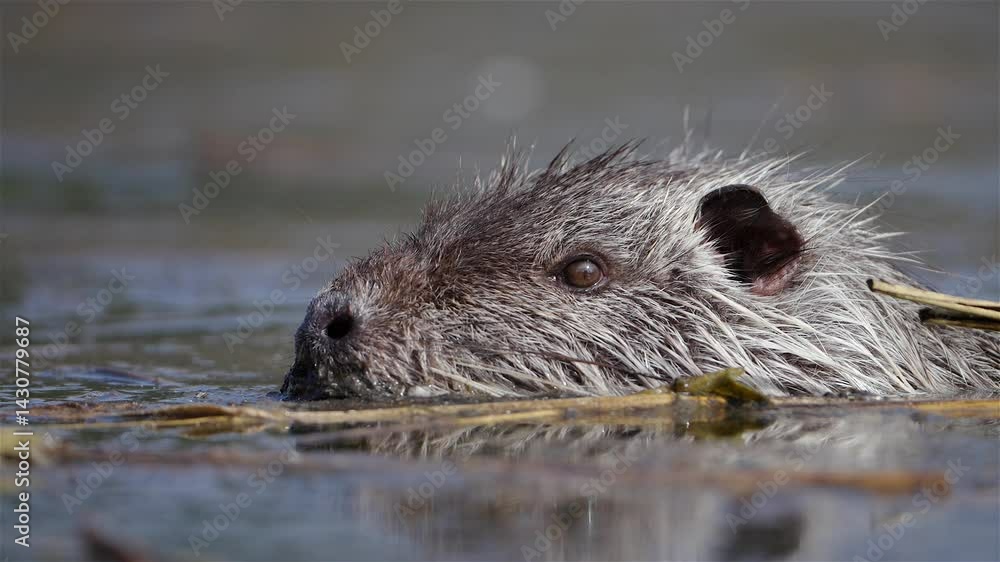 Nutria swimming on the water's surface in a close-up view Nutria swimming on the water's surface in a close-up view