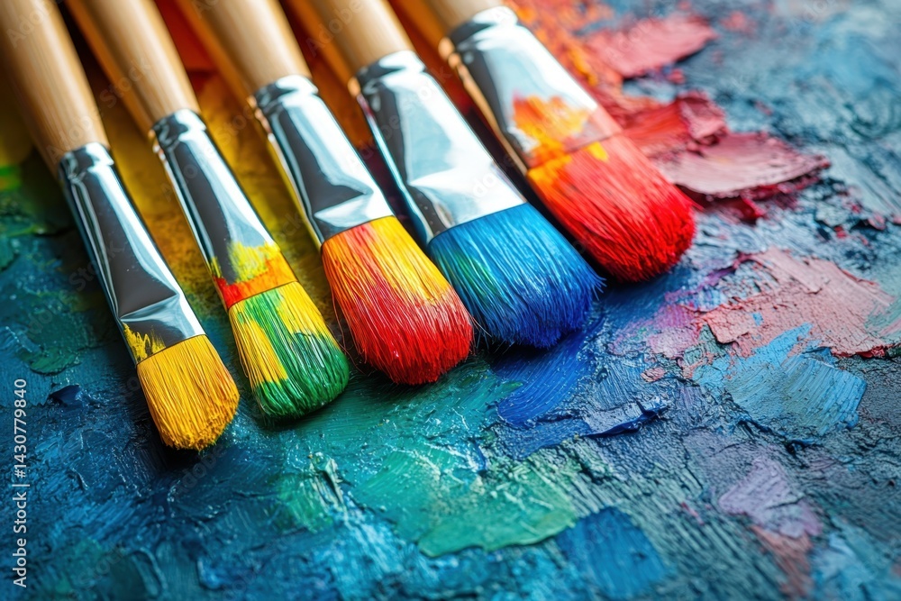 Obraz premium Colorful paintbrushes arranged on a vibrant palette showcasing various paint colors