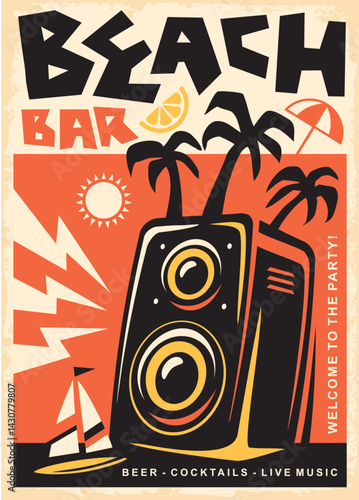 Retro beach bar promotional poster design with speaker and palm trees. Summer joy flyer template. Vector illustration.