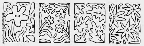 A set of compositions with linear natural elements. Organic, abstract patterns on a light gray background. Curved and irregular shapes resembling plant-like forms. Vector hand-drawn illustration.