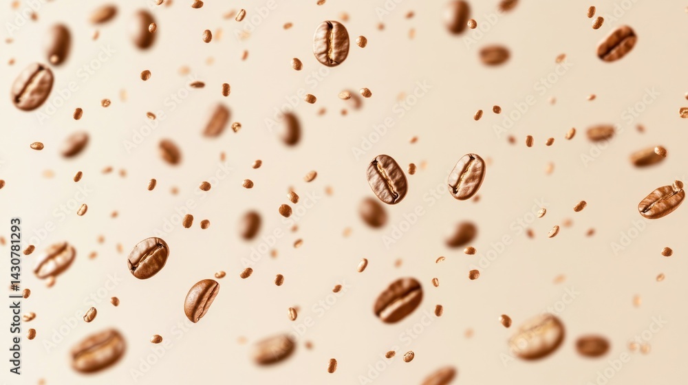Obraz premium Coffee beans in mid-air, a captivating display of roasted coffee beans in motion