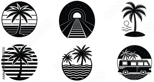 Six Black and White Tropical Vacation Icons