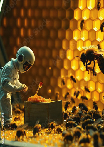  honey, beekeeper suits, tiny humans, imaginative scene, oversized environment, dripping honey