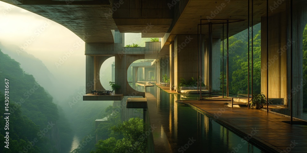 futuristic luxury building, sunset over the rainforest river, modern organic green eco architecture concept, exotic fantasy landscape