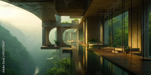 Obraz na płótnie futuristic luxury building, sunset over the rainforest river, modern organic green eco architecture concept, exotic fantasy landscape w salonie