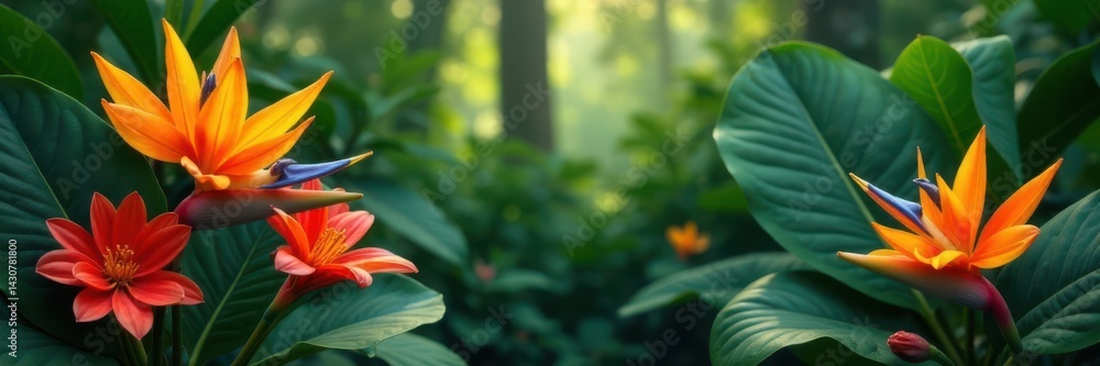 Tropical flowers blooming in a lush garden, plant life, greenery Tropical flowers blooming in a lush garden, plant life, greenery
