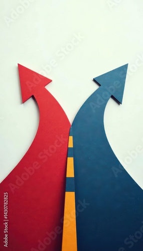 Two arrows pointing in opposite directions on a fork in the road, divergence, options