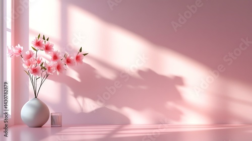 A serene setup featuring pink flowers in a vase against a soft pink backdrop.