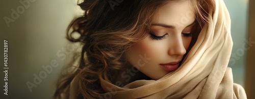 A serene portrait of a woman wrapped in a soft scarf, conveying calm and beauty.