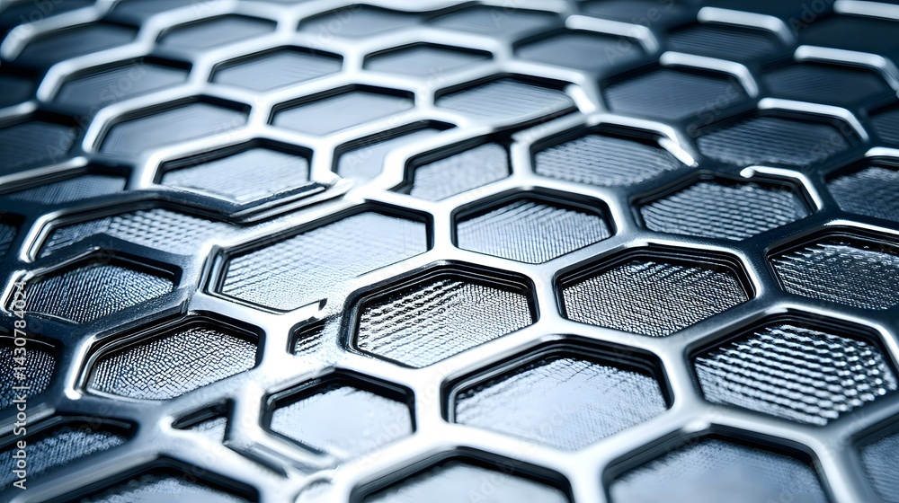 Obraz premium Close-up view of a metallic hexagonal grid pattern.