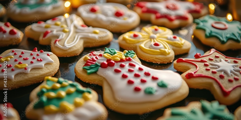 A Christmas-themed display of sugar cookies decorated with colorful royal icing in festive shapes A Christmas-themed display of sugar cookies decorated with colorful royal icing in festive shapes