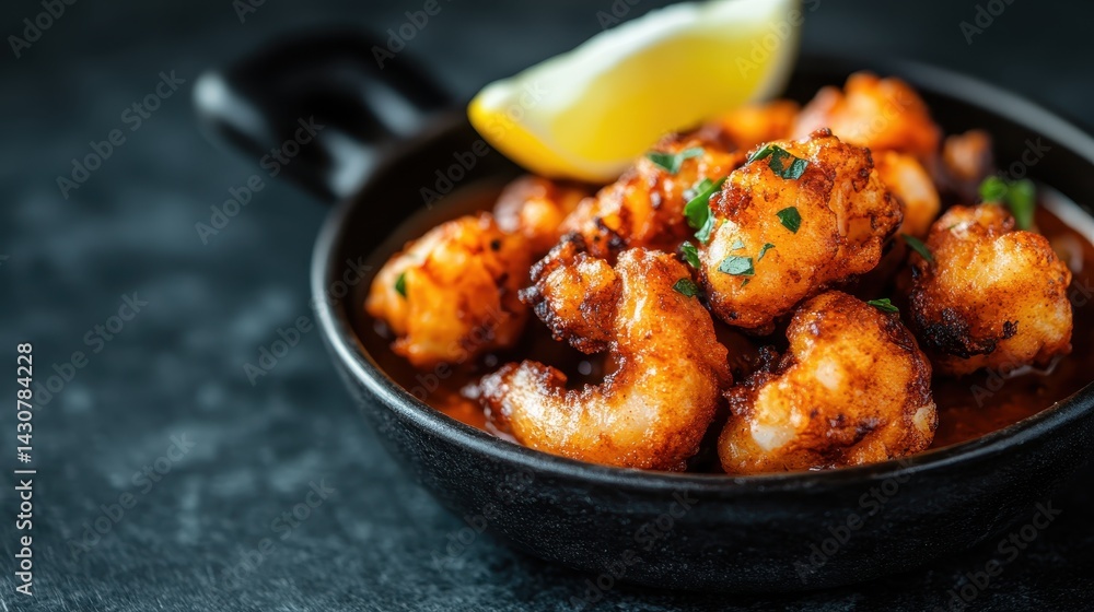 A tantalizing bowl of crispy fried shrimp drizzled with a spicy sauce and garnished with a slice of lemon, showcasing the flavors of fresh seafood and culinary creativity. A tantalizing bowl of crispy fried shrimp drizzled with a spicy sauce and garnished with a slice of lemon, showcasing the flavors of fresh seafood and culinary creativity.