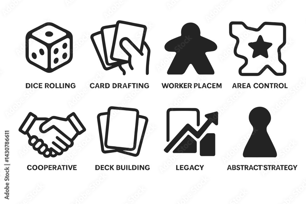 Board game types: dice rolling, card drafting, worker placement, area control, co-op, deck building, legacy, abstract