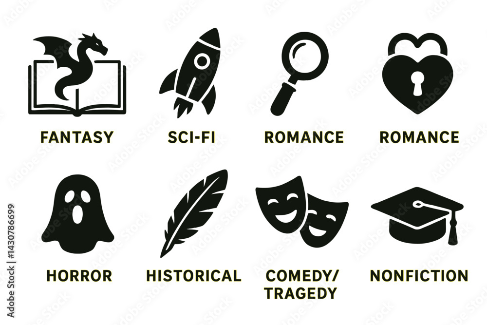 Literary genre symbols: fantasy dragon, sci-fi rocket, mystery magnifier, romance lock, horror ghost, history quill, drama masks, non-fiction cap