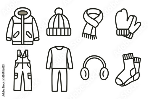 Cold weather apparel: coat, beanie, scarf, gloves, snow pants, thermals, earmuffs, wool socks