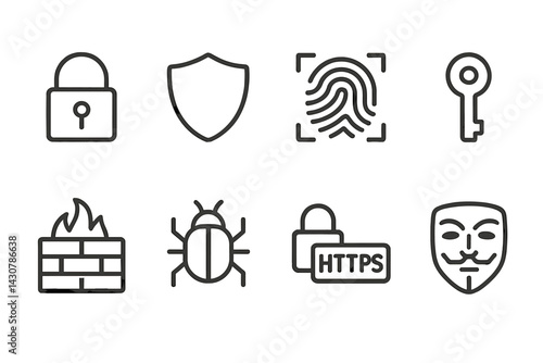 Cybersecurity symbols: padlock, shield, fingerprint, key, firewall, antivirus bug, HTTPS lock, anonymous mask