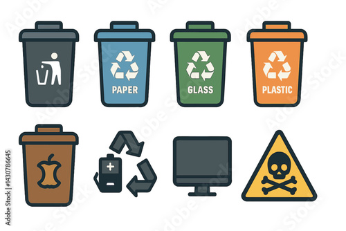Waste segregation bins: general, paper, glass, plastic, compost, battery, e-waste, hazardous