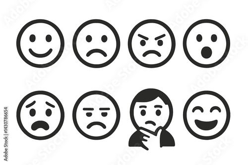 Basic emotion faces: happy, sad, angry, surprised, scared, disgusted, thoughtful, laughing